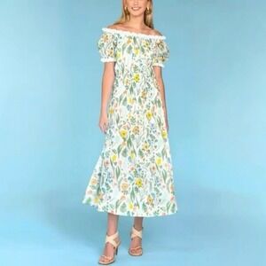 Olivia James The Label Josie Off The Shoulder Floral Puff Sleeve Midi Dress Sz M